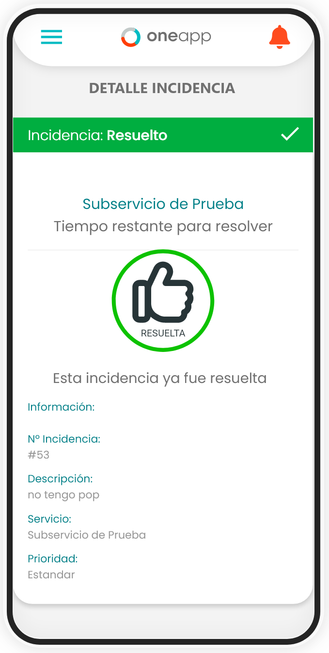Interfaz del módulo Incidencias de OneApp mostrando reporte, seguimiento y resolución de problemas operativos