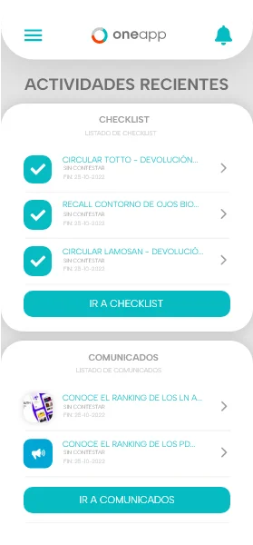 Listado de actividades recientes en OneApp para la resolución de incidentes